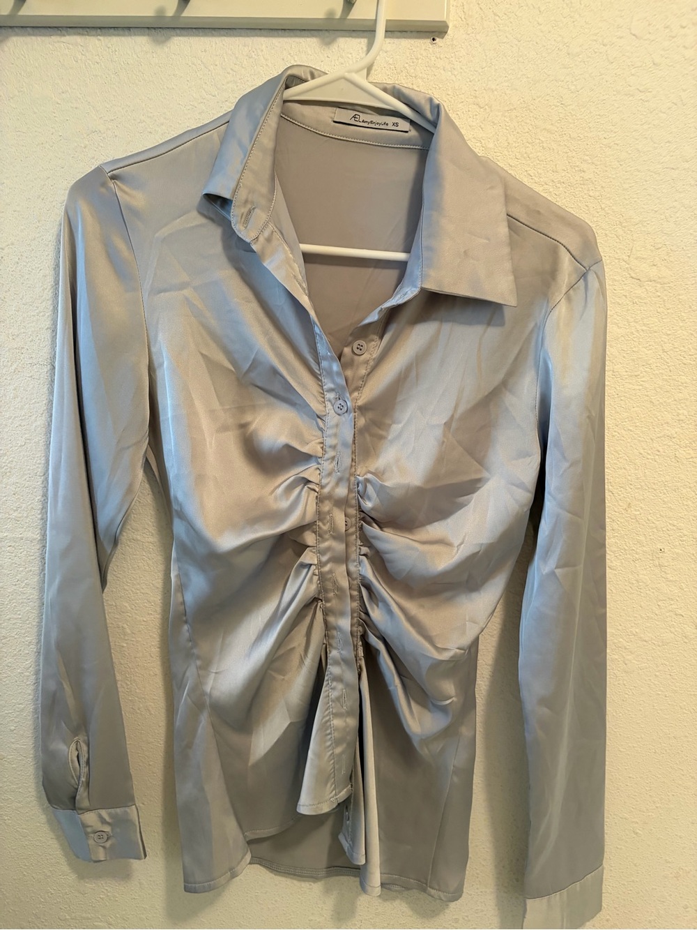 Ruched Front Satin Long-Sleeve Shirt - Silver/Gray